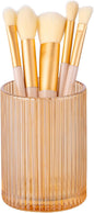 DASITON Makeup Brush Holder Organizer, Crystal Cosmetic Makeup Brushes Storage Holder, Glass Make Up Brush Holder, Vintage Striped Make Up Cup Desk Pen Pencil Holder, Toothbrush Holders (Coffee S)