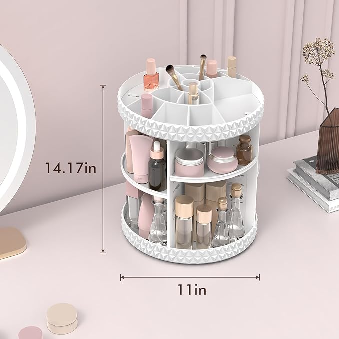 Rotating Makeup Organizer, Adjustable Vanity Organizer, Large Capacity Cosmetic Display Case for Spinning, Storage Carousel for Bathroom and Vanity Countertop, Diamond Pattern, Large, White