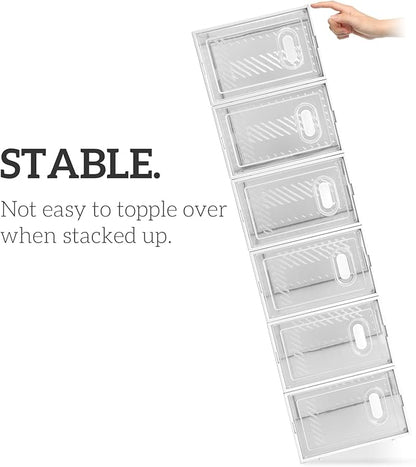 6 Pack Large Shoe Storage Box,Space Saving Sneaker Shoe Rack Containers Bins,Clear Plastic Stackable Shoe Storage Boxes,Shoe Display Case,with Magnetic Door,for Bedroom, Entryway, Closet (White)