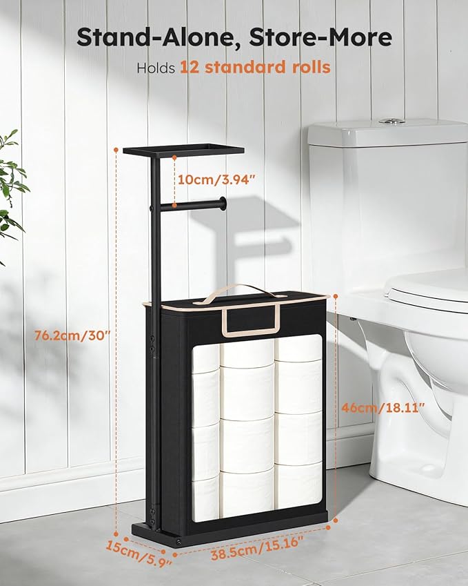 30" H Toilet Paper Holder Stand with Storage for Up to 12 Rolls,Rustproof Free Standing Toilet Paper Stand with Shelf,All-in-One Toilet Tissue Roll Dispenser and Organizer with a Basket,Black