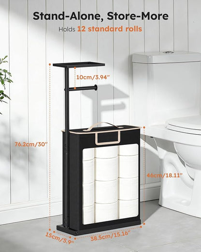 30" H Toilet Paper Holder Stand with Storage for Up to 12 Rolls,Rustproof Free Standing Toilet Paper Stand with Shelf,All-in-One Toilet Tissue Roll Dispenser and Organizer with a Basket,Black