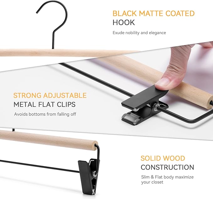 Nature Smile Beech Wooden Pants Skirt Hanger for Jeans Bottom Trousers with 2-Adjustable Black Matt Clips and Hook 10 Pack (Natural Wood+Black Metal)