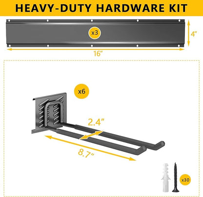 Garage Tool Organizer Wall Mount, 48inch Heavy-Duty Garage Storage System and Garden Tool Organizer with 6 Adjustable Straight Hooks for Shovel, Snowboard, Yard Tools and Shed