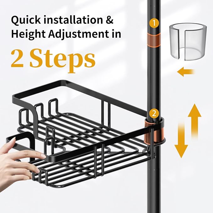 KEGII Shower Caddy Tension Pole with 2 Towel Bars, Corner Shower Organizer Shelves for Bathtub Shampoo Storage, Adjustable Shower Tension Rod with Razor Holder & Hooks