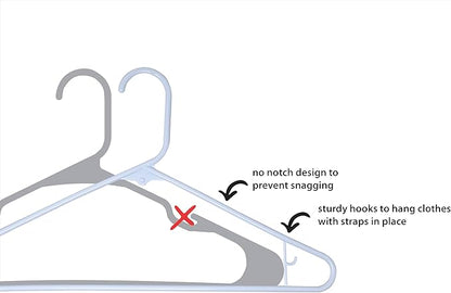 Homeselect 50 Pk Plastic Clothes Hangers Made in USA, No Shoulder Bumps, Space Saving, Hooks for Dresses and Strap, White, 6lb Capacity