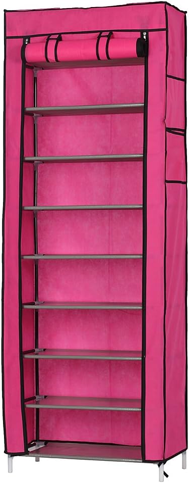 Fabric Shoe Rack,10-Tier Shoe Tower Rack with Cover 27-Pair Space Saving Shoe Storage Organizer,Black