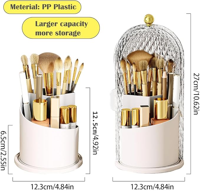 Makeup Brush Holder with Lid, 360 Rotating Multifunction Clear Dustproof Skincare Cosmetic Tools Storage Organizer for Vanity Desktop Bathroom Countertop (White)