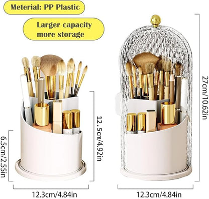 Makeup Brush Holder with Lid, 360 Rotating Multifunction Clear Dustproof Skincare Cosmetic Tools Storage Organizer for Vanity Desktop Bathroom Countertop (White)