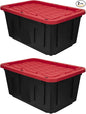 27-Gallon Storage Bin (2-Pack), Large Plastic Storage Container with Secure Snap-On Lid, Tote for Industrial and Home Organization, Black with Red Lid