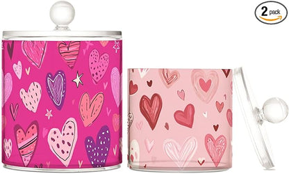 2 Pack Qtip Dispenser Apothecary Jars with Lids Cotton Round Holder Bathroom Canisters for Cotton Swab Floss Ball Pads Clear Plastic Decorative Pink Valentine Hearts