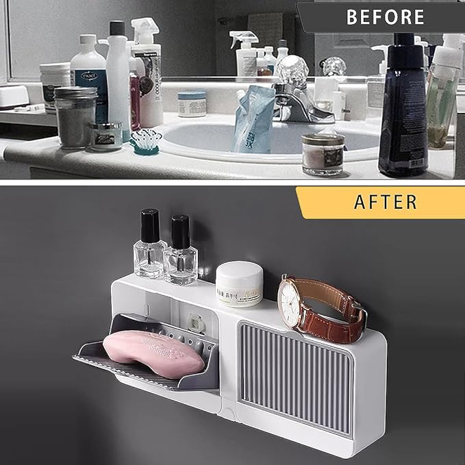 Soap Holder with Hooks, 2-in-1 Wall Mounted Soap Dish, No Drilling Soap Bar Holder with Self Draining to Keep Soap Bars Dry, Suit for Shower, Bathroom and Kitchen(Gray)