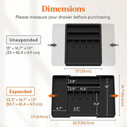 Lifewit Silverware Drawer Organizer, Expandable BPA Free Plastic Utensil Tray for Kitchen, Adjustable Flatware Cutlery Holder for Spoons Forks Knives, 13-22.3 x 16.7", Black