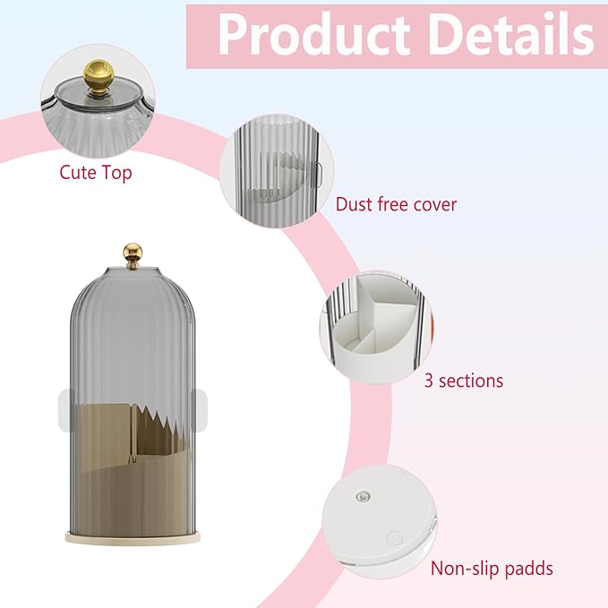 Makeup Brush Holder Organizer with Lid 360 Rotating Clear Dustproof 3 Compartment Design Makeup Brushes Organizer for dressing table and Bathroom Countertop (Gray)