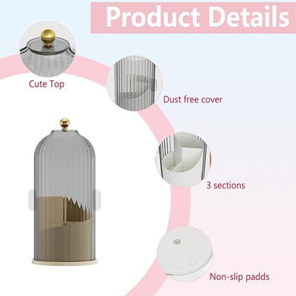 Makeup Brush Holder Organizer with Lid 360 Rotating Clear Dustproof 3 Compartment Design Makeup Brushes Organizer for dressing table and Bathroom Countertop (Gray)
