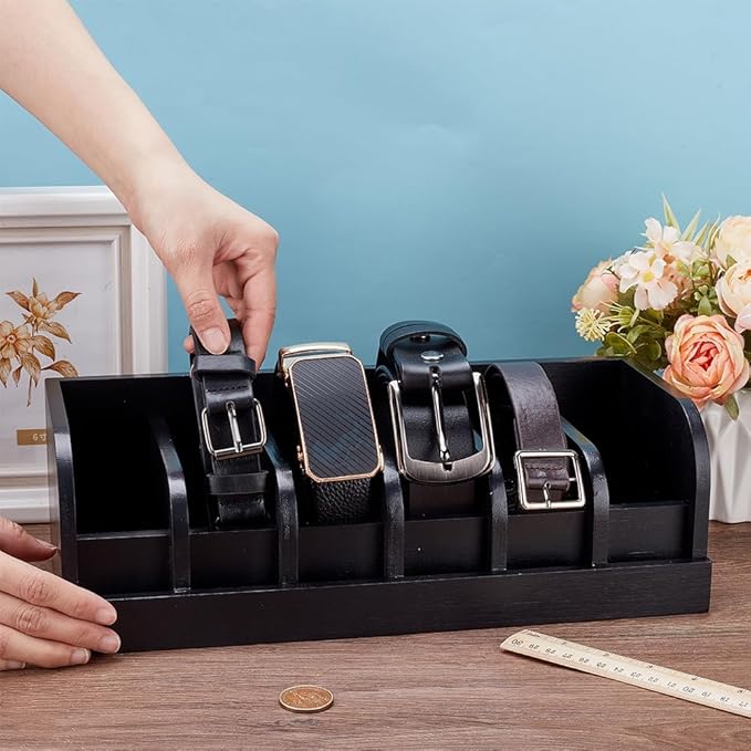 UNICRAFTALE Black Wood Belts Organizer Box 35cm Belt Organizer Tie and Belt Storage Holders for Closet and Drawer Organizer 6-Compartment Belts Organizer and Displayer for Men Women