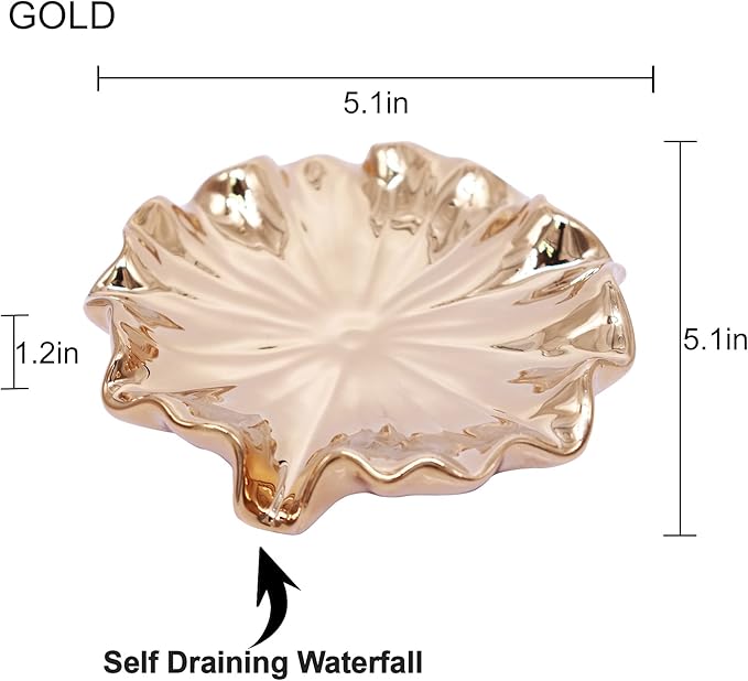Lotus Leaf Soap Dish Gold Ceramic Soap Holder Self Draining Soap Dish Waterfall Slot Sponge Holder Bathroom Accessories for Bathroom, Kitchen,Bar Counter.