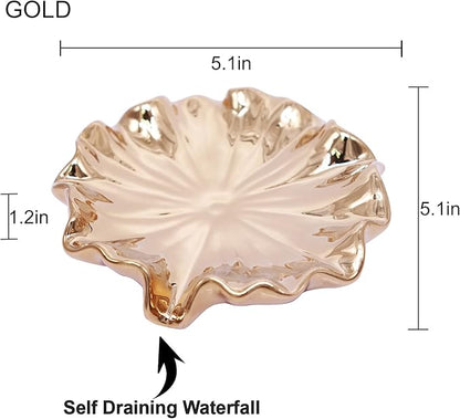 Lotus Leaf Soap Dish Gold Ceramic Soap Holder Self Draining Soap Dish Waterfall Slot Sponge Holder Bathroom Accessories for Bathroom, Kitchen,Bar Counter.