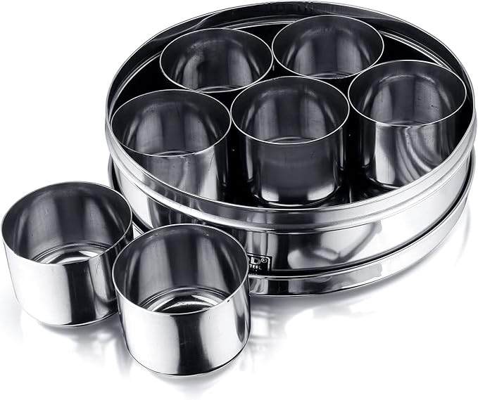 Vinod 7 in 1 Stainless Steel Spice Box with Lid | Indian Masala Dabba | Indian Spice Box | Masala Dani for Kitchen | Includes 7 Small Containers, 1 Spoon & a Steel Lid | 8 Inches Diameter