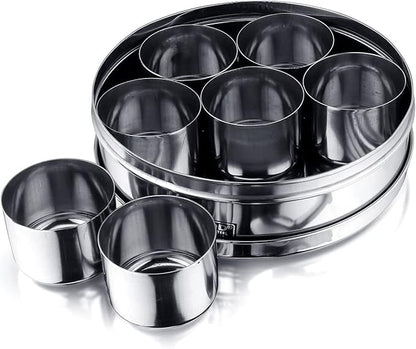 Vinod 7 in 1 Stainless Steel Spice Box with Lid | Indian Masala Dabba | Indian Spice Box | Masala Dani for Kitchen | Includes 7 Small Containers, 1 Spoon & a Steel Lid | 8 Inches Diameter
