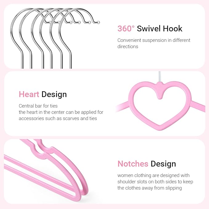 Plastic Hangers 50 Pack, Cute Clothes Hanger Ultra Thin Space Saving - Pink Clothes Hangers with 360 Degree Swivel Hook & Travel Clothesline - Sturdy Adult Coat Hangers for Dress, Shirts, Coats