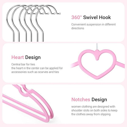 Plastic Hangers 50 Pack, Cute Clothes Hanger Ultra Thin Space Saving - Pink Clothes Hangers with 360 Degree Swivel Hook & Travel Clothesline - Sturdy Adult Coat Hangers for Dress, Shirts, Coats
