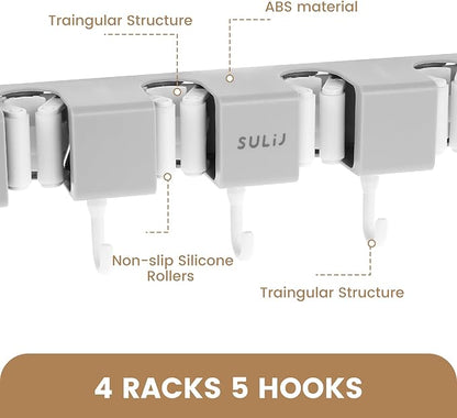 2Pcs Broom Holder Wall Mount, No-Drilling Self-Adhesive Mop and Broom Storage Rack with Hooks (4 Racks with 5 Hooks), Wall-Mounted Broom Hanger for Bathroom, Kitchen, Closet, Garage (Grey)