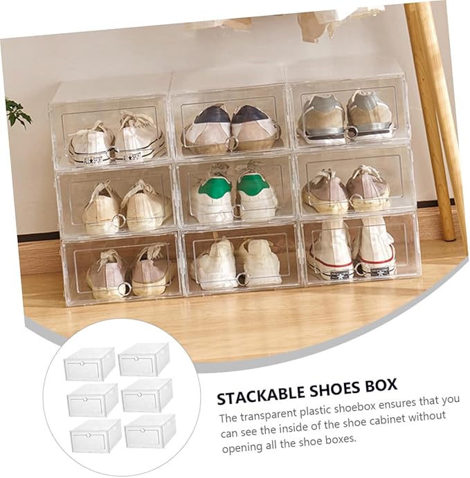 VICASKY 6Pcs Transparent Plastic Shoe Boxes with Front Drawer Design Stackable and Footwear Storage Containers for Home Dorm Bedroom and Shoe Store Organization