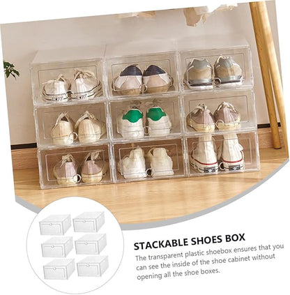 VICASKY 6Pcs Transparent Plastic Shoe Boxes with Front Drawer Design Stackable and Footwear Storage Containers for Home Dorm Bedroom and Shoe Store Organization