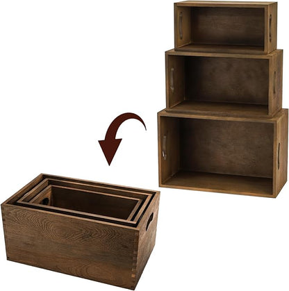 Hedume Set of 3 Nesting Wooden Crates, Wood Crate Box with Handle, Rustic Brown Decorative Wood Storage Crates Container, Stackable Cube Basket Bins Organizer for Home, Office, Closet, Shelf
