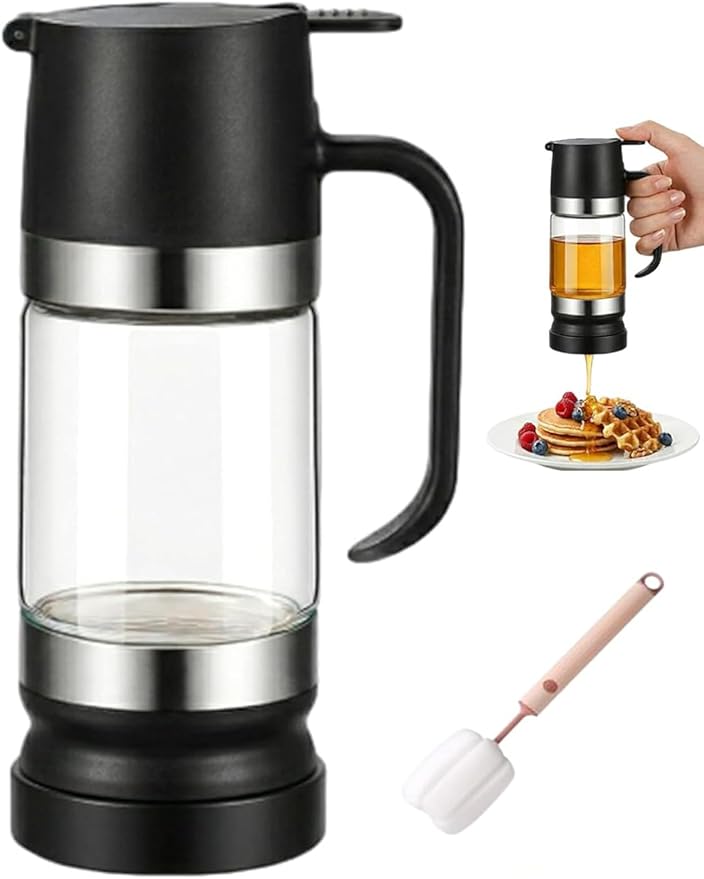 2026 New Dispensador De Leche Condensada, Glass Honey Dispenser with Base No Drip, Maple Syrup Dispenser for Coffee, Tea, Breakfast & Baking (Black)