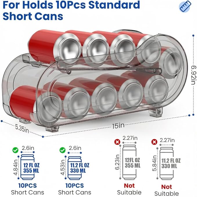 2 Pack Auto-Rolling Soda Can Organizer for Refrigerator/Fridge, Upgraded Soda Can Dispenser & Holder for Pantry Storage 10 Standard Size 12oz/ 11.2oz/ 355ml/ 330ml Drink Short Cans (Gray)