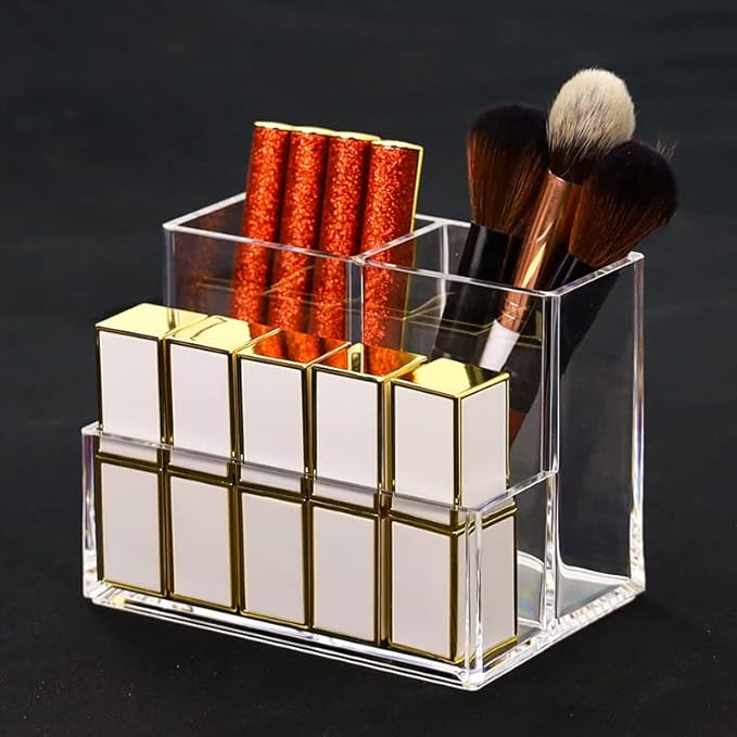 Acrylic Makeup Organizer Cosmetic Storage Makeup Display Case Makeup Brush Holder Lipstick Dispenser Canister Bathroom Container (5.1 x 3.5 x 3.9 in, 3 Partitions, Transparent)
