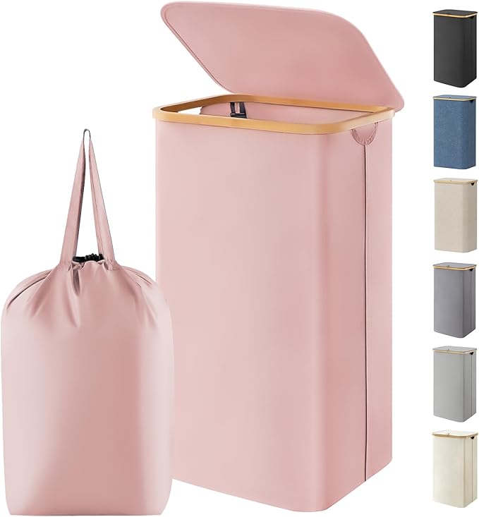 Lifewit 100L Laundry Basket with Lid, Clothes Hampers for Laundry with Bamboo Handles and 1 Removable Bag, Large Foldable Laundry Hamper for Bedroom, Bathroom, Dorm, Laundry Room, Pink