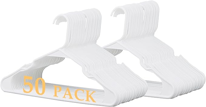 VECELO 50 Pack Plastic Hangers, Space-Saving Clothes Hangers with Shoulder Notches for Straps, Durable Non-Slip Hangers for Closet, Ideal for Shirts, Dresses, Coats, Pants,Suits