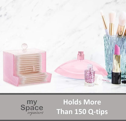 My Space Organizers Pink Acrylic Qtip Holder for Qtip Brand Cotton Swab Holder, Qtip Dispenser, Modern Bathroom Decor Organizer for Countertop Vanity Storage (Pink)