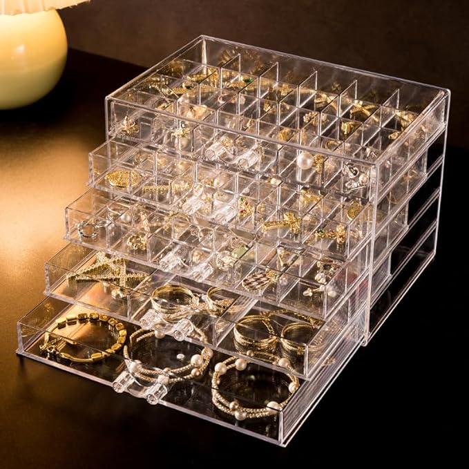 Earring Organizer, Acrylic Earring Box Large 30 Compartments jewelry organizers and storage with 5 Drawers Stackable Earring Bracelet Storage Case Jewelry Boxes for Women (Clear)