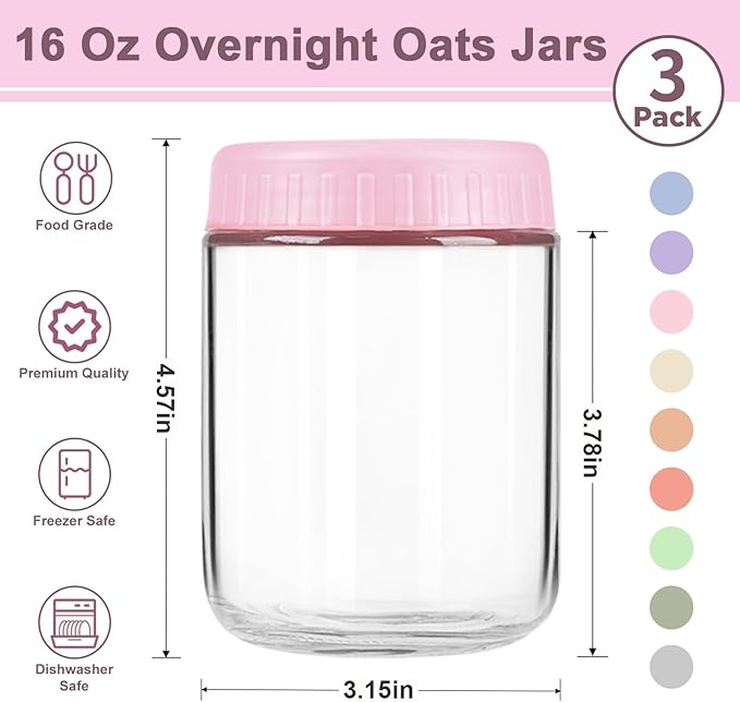 Overnight Oats Containers with Lids, 16oz Wide Mouth Mason Jars with Lids, 3 Pack Glass Jars with Airtight lid for Chia Pudding Yogurt Salad, Meal Prer Oatmeal Jars, Pink