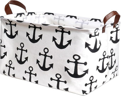 Collapsible Storage Basket with Handles, Waterproof Foldable Organizer Bin 15x10x9 Inches, Nautical Anchor Decor for Toys, Shelves, Home