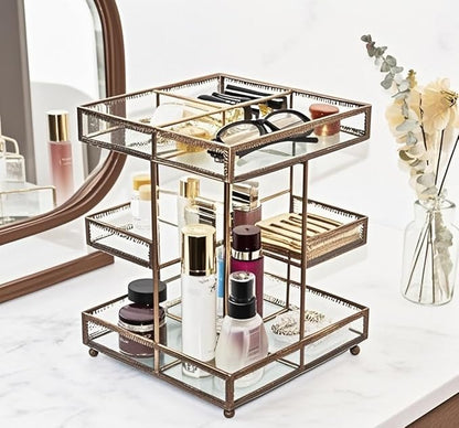 360 Rotating Glass Makeup Organizer, Spinning Vanity Cosmetic Storage with Multi-Layer Compartments, Luxury Countertop Rotating Makeup Holder for Skincare, Perfume, Cosmetics