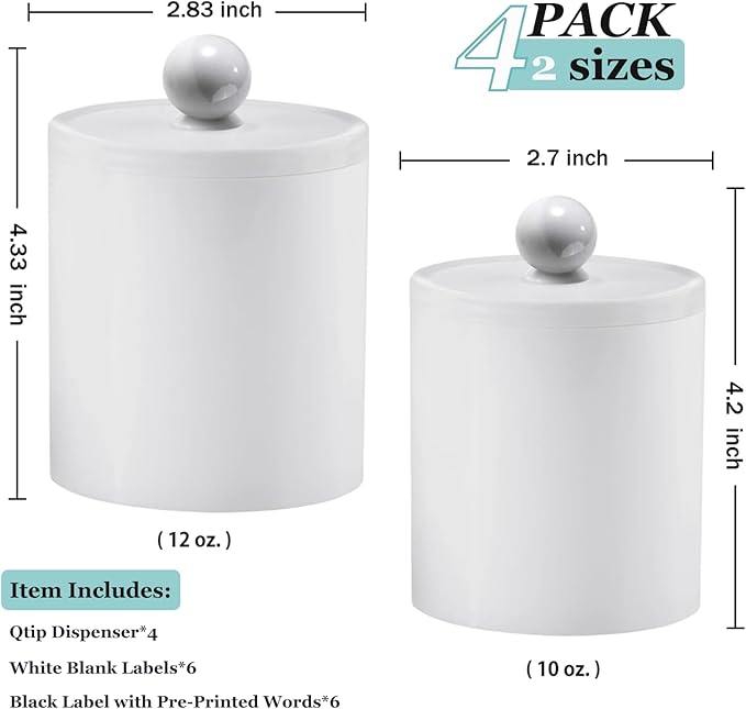 SheeChung 4 Pack Qtip Holder,White Acrylic Apothecary Jars,Shatterproof Qtip Holder Dispenser Set,Opaque Bathroom Vanity Organizer for Cotton Swabs,Balls,Pads, Modern Minimalist Decor (4 Pack,12&10oz)