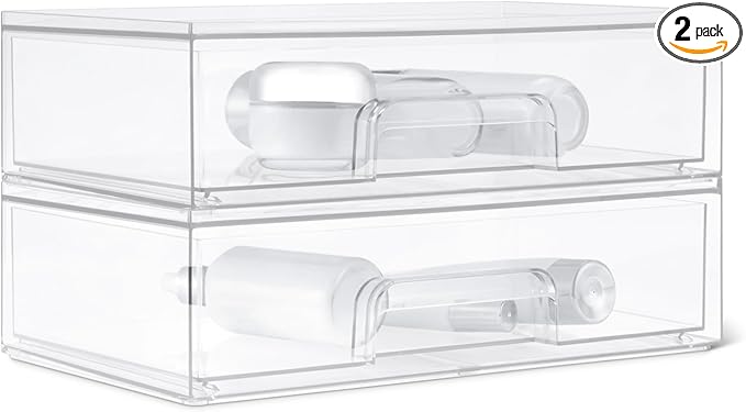 Amazon Basics Stackable Plastic Storage Makeup Organizer Drawers, Clear, 12.1" x 7.6" x 3.5", 2 Pack