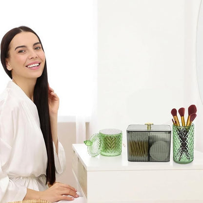 FoldTier 3 Pcs Cotton Ball Holder Dispenser Bathroom Set Cotton Ball Holder Swabs/ball Storage Box 3 Grids Partition Cosmetics Storage Dispenser for Vanity Tray Candy Container Jar For Home(Green)