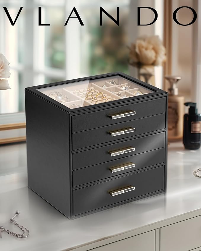 VLANDO 5 Layer Jewelry Box for Women, Glass Lid Jewelry Organizer with 5 Drawers for Necklaces Rings Earrings Bracelets - Black