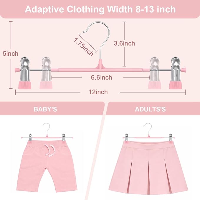 POZEAN Pants Hangers with Clips for Women 50 Pack, 12Inch Adjustable Heavy Duty Skirt Hangers, Space Saving Non-Slip Shorts Jeans Trousers Clothes Hangers, Pink