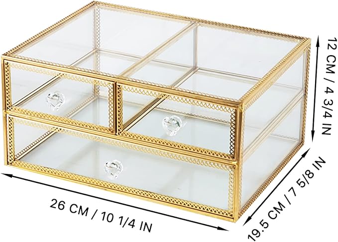 Vellon Gold Glass Box Makeup Organizer, Glass Jewelry Drawer, Vintage Jewel Organizer, Desktop Cosmetic Storage, Makeup Container, Keepsake Case with Golden Lace Decoration, 2 Tiers