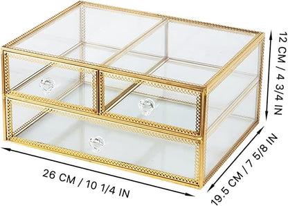 Vellon Gold Glass Box Makeup Organizer, Glass Jewelry Drawer, Vintage Jewel Organizer, Desktop Cosmetic Storage, Makeup Container, Keepsake Case with Golden Lace Decoration, 2 Tiers