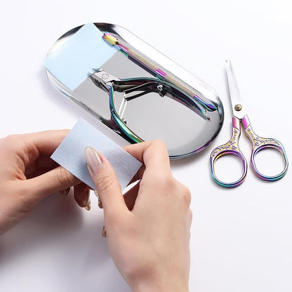 1Pcs Manicure Tools Storage Tray, Oval Stainless Steel Storage Dish Nail Art Accessory Display Tray Jewelry Rhinestone Cosmetic Nail Decorations Organizer Metal Storage Plate (Silver)