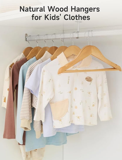 StorageWorks Baby Hangers 20 Pack, Maple Wood Clothes Organizer for Toddler, Kids Wooden Hanger with Pant Bar for Closet, Natural Maple Wood Color