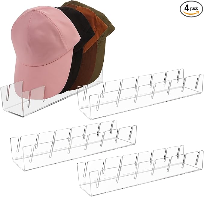 Clear Acrylic Hat Stand for Baseball Caps – 28-Cap Easy Setup Organizer for Bedroom, Closet, Dresser, Countertop, Display and Storage for Baseball Caps, Sports Hats, and Collectibles (4-Pack)