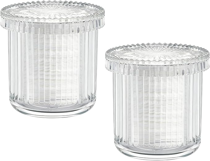 2 Pack Ribbed Glass Qtip Holder with Lid, Apothecary Storage Jars, Bathroom Vanity Countertop Organizer for Cotton Swabs, Cotton Balls, Pads, Floss Picks, Hair Ties, Makeup Accessories (Clear)